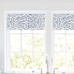 Straight Custom Valance in Space Blue Print on Premium Cotton Linen, Fully Lined, Custom Made, Modern Native Jazmin Print Flat Valance