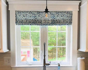 Faux Roman Shade Valance in Lotus Blue and White Print, Fully Lined, Custom Made Modern Kitchen Valance, Blue, Aqua Zen Garden Collection