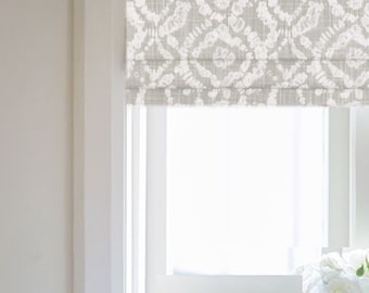 Faux Roman Shade Valance in Braylon French GreyTrellis Print, Custom Made in 100% Cotton Slub Canvas, Fully Lined, Kitchen Valance Curtains