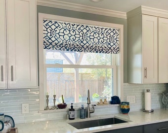 Faux Roman Shade Valance in Modern Blue and White Trellis Print, Fully Lined, Custom Made, Lattice Geometric Kitchen Window Treatment