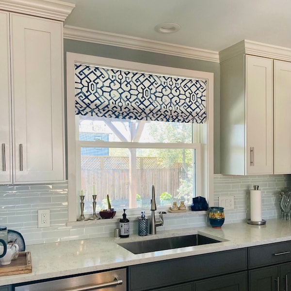 Faux Roman Shade Valance in Modern Blue and White Trellis Print, Fully Lined, Custom Made, Lattice Geometric Kitchen Window Treatment