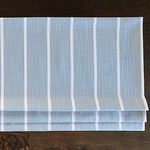 Custom Made Faux Roman Shade Valance in Light Blue and White Stripe, 100% Cotton Slub Fabric.  Fully Lined Valance, Mineral Powder Blue,