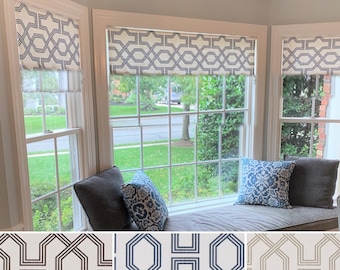 Straight Custom Valance in Ander Graphite Grey, Pewter, or Blue and White Geometric Print on Premium Cotton Linen, Fully Lined Custom Made