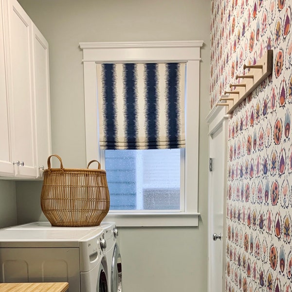 Faux Roman Shade Valance in Navy Blue Ikat Stripe on Birch/Ivory Textured Cotton (similar to bark cloth), Fully Lined, Custom Made Valance