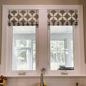 Faux Roman Shade Valance in Geometric Circles of Ecru Beige, Blue or Gray and White Print, Custom Made, 100% Cotton Slub Fabric, Fully Lined