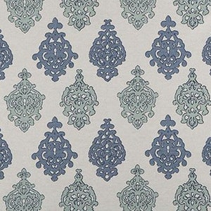 Faux Roman Shade Valance in Spa Blue and Ocean Blue Green Medalian Print with Natural Background on Cotton Linen,  Fully Lined, Custom Made,