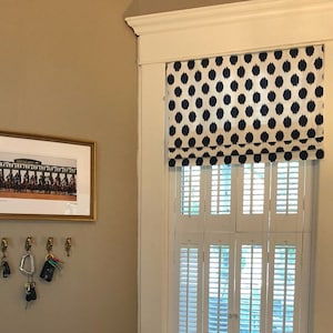 Faux Roman Shade Valance in Navy White Ikat Dots, Custom Made Fully Lined Modern Valance, Quick Ship Ready to Hang Kitchen Window Treatments