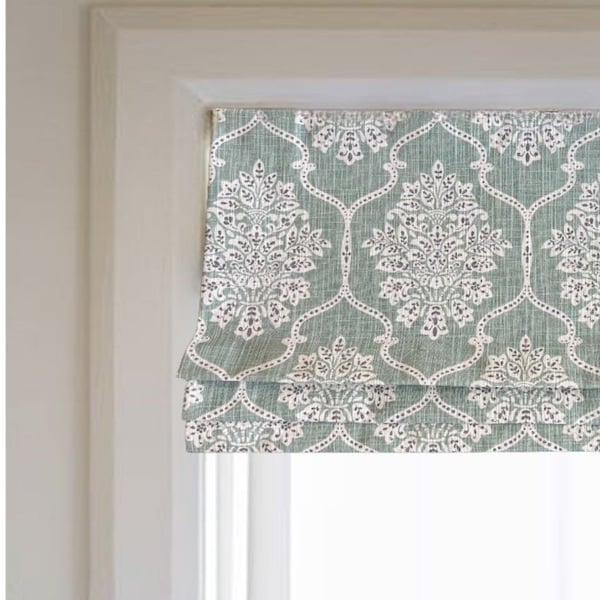 Faux Roman Shade Valance in Blue or Ecru Beige and White with Black Accent in Lattice Damask Design Fully Lined Custom Made, Seafoam