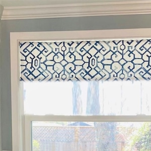 Straight Custom Valance in Modern Blue & White Print, Fully Lined Modern Kitchen Valance, Flat Geometric Valance, Ready to Hang