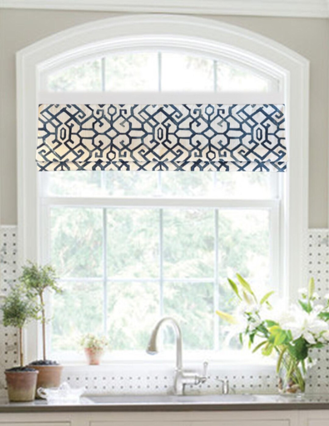 Modern Single Fold Roman Valance in Blue and White Geometric Print ...