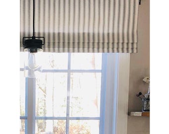 Faux Roman Shade Valance in Black and White Ticking Stripe, Fully Lined Custom Made Modern Farmhouse Window Treatments