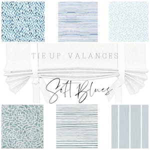 Custom Made, Fully Lined Tie Up Valance in Soft Blue & White Prints, 100% Cotton, Relaxed Faux Roman Shade Valance, Light Blue, Blue Stripe