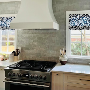 Faux Roman Shade Valance in Navy Blue or Caribbean Floral Print on Premium Cotton Linen Fabric, Fully Lined, Custom Made