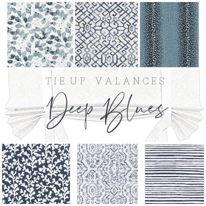 Custom Made, Fully Lined Tie Up Valance in Deep Blue and White Fabrics, Relaxed Faux Roman Shade Valance, Roll Up Valance, Navy, Dark Blue