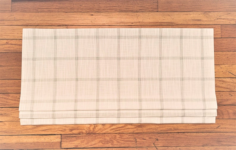 Faux Roman Shade Valance in French Grey Cotton Slub Fabric, Fully Lined, Custom Made Kitchen Valance, Aaron Check Plaid Off White Curtains image 1
