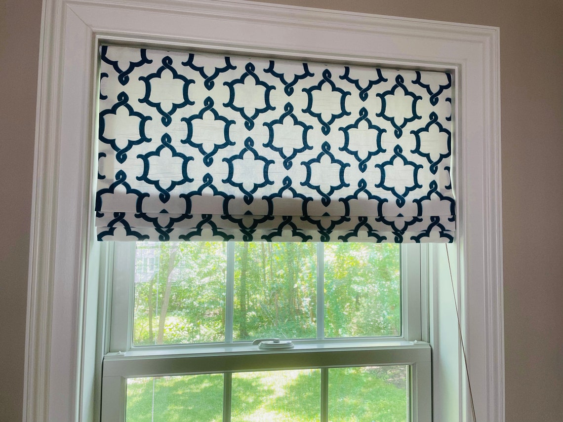 Faux Roman Shade Valance in Navy Blue and White Trellis Print Etsy