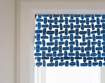 Modern Single Fold Valance in Farley Print of Blue and White Fabric, 100% Cotton, Custom Made, Fully Lined Curtains