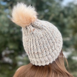 Chunky Knit Beanie with Faux Fur Puffball for Adults | Cream & Light Brown | Soft Cream, Grey, and Light Brown Winter Hat