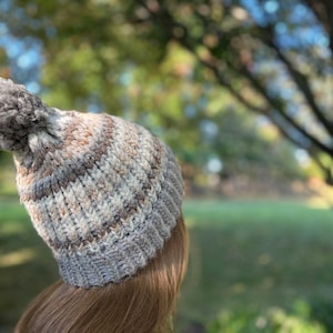 Pu&ograve; includere: Un berretto di lana a righe grigie, marroni e bianche con un pompon grigio soffice in cima.