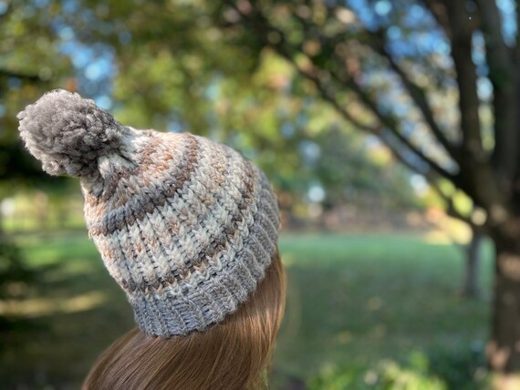 Handmade Striped Knit Beanie with Puffball - Light Grey, Brown