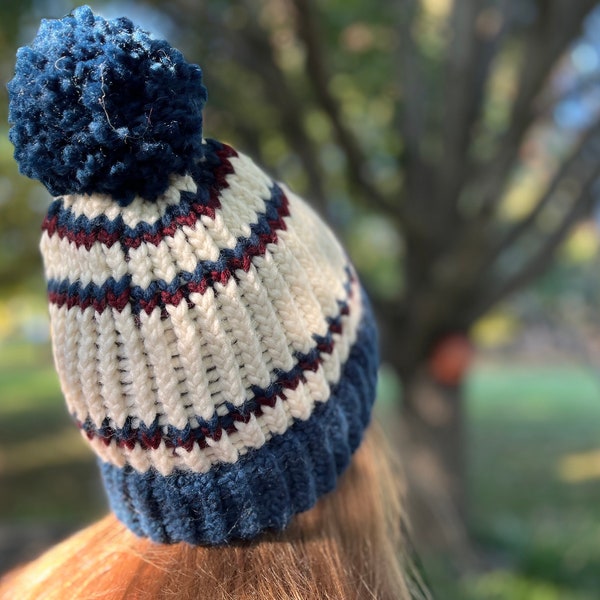 Homemade Knit Hats with Puffball for Adults | Red, White, & Blue Beanie | Maroon, Cream, and Navy Warm Winter Hat