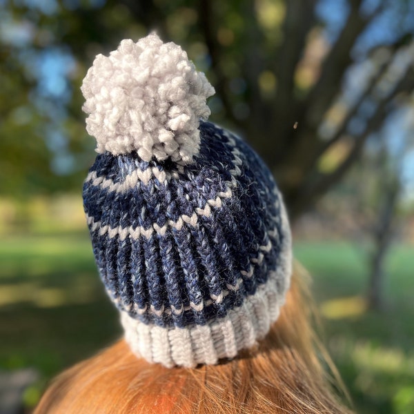 Homemade Knit Hats with Puffball for Adults | Grey & Navy Blue Beanie | Light Grey and Speckled Blue Warm Winter Hat