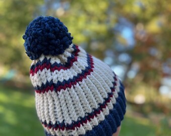 Handmade Striped Knit Beanie with Puffball: Navy, Red, and White