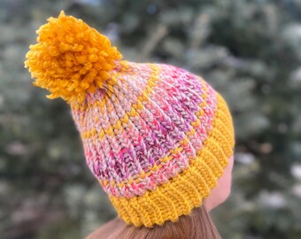 Chunky Knit Beanie With Puffball: Yellow Sunset Winter Hat
