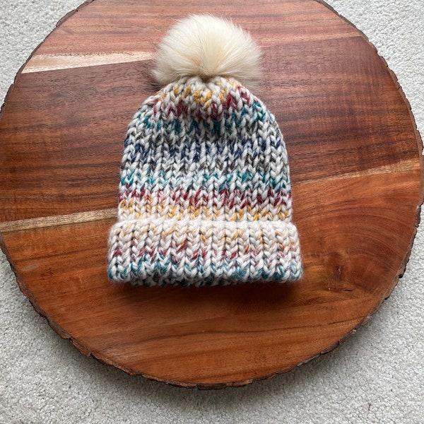 Homemade Knit Hats with Faux FurPuffball for Kids | White & Rainbow Beanie | Cream and Multi-Color Warm Winter Hat