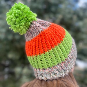 Handmade Neon Puffball Beanie: Chunky Knit Adult Hat