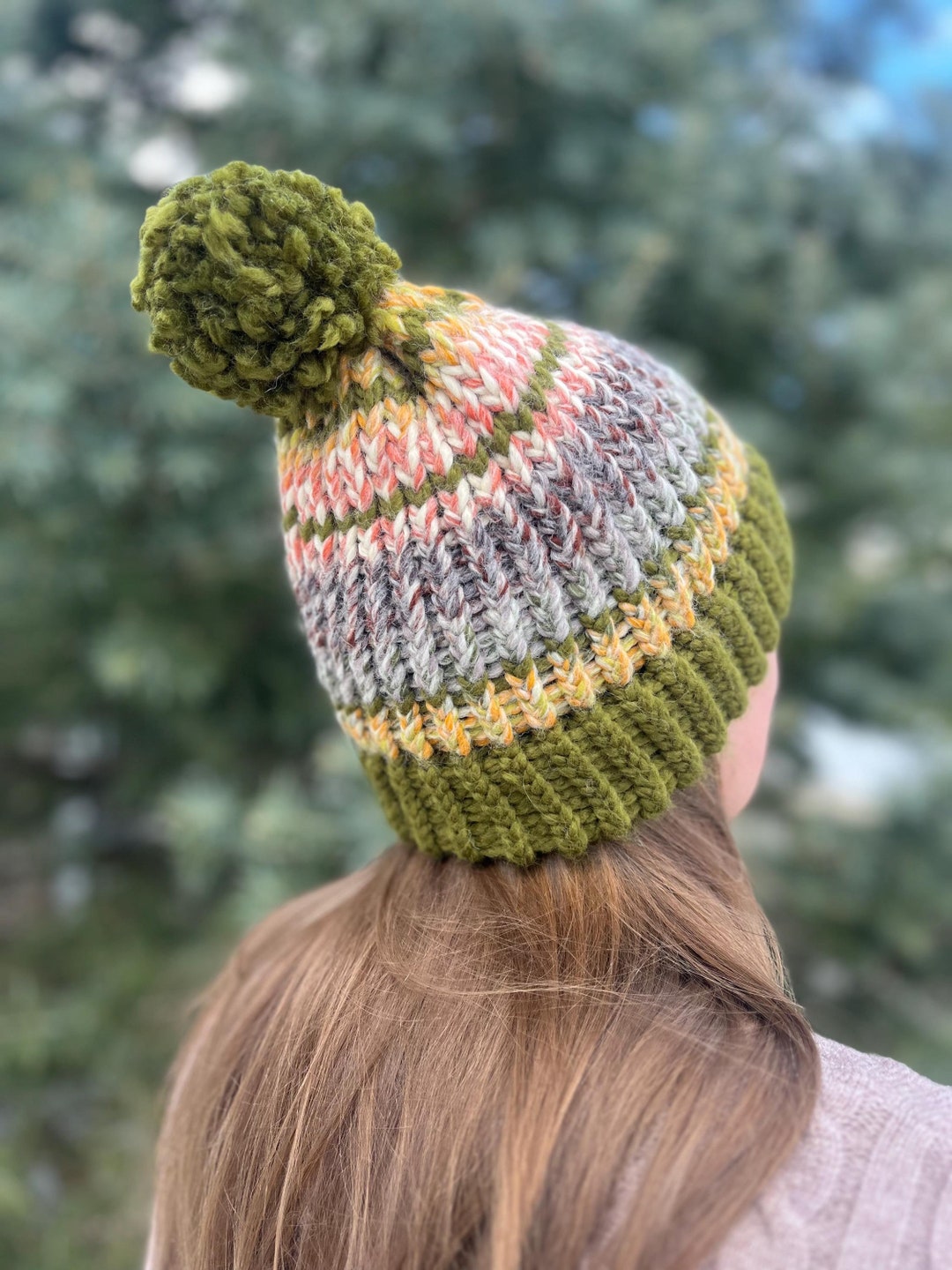 Chunky Knit Beanie With Puffball for Adults | Army Green  display picture 3
