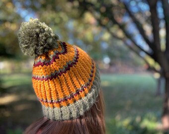Homemade Knit Hats with Puffball for Adults | Forest Green, Mustard, and Wine Red Beanie | Green, Honey, and Crimson Warm Winter Hat