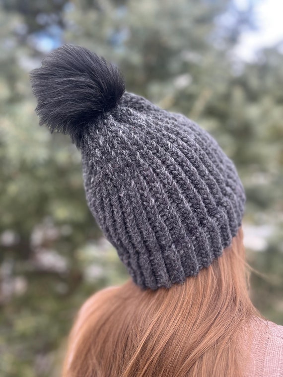Charcoal Knit Beanie: Faux Fur Puffball, Winter Hat - Etsy display picture 1