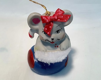 Vintage Giftco "Holly Bells" Mouse in Boot with Candy Cane,Hand Painted, Fine Bisque Porcelain Bell 80's Christmas Ornament, Mouse Ornament