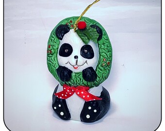 Vintage Giftco "Holly Bells" Panda Bear with Holiday Wreath, Hand Painted, Fine Bisque Porcelain Bell 80's Christmas Ornament, Panda Bell