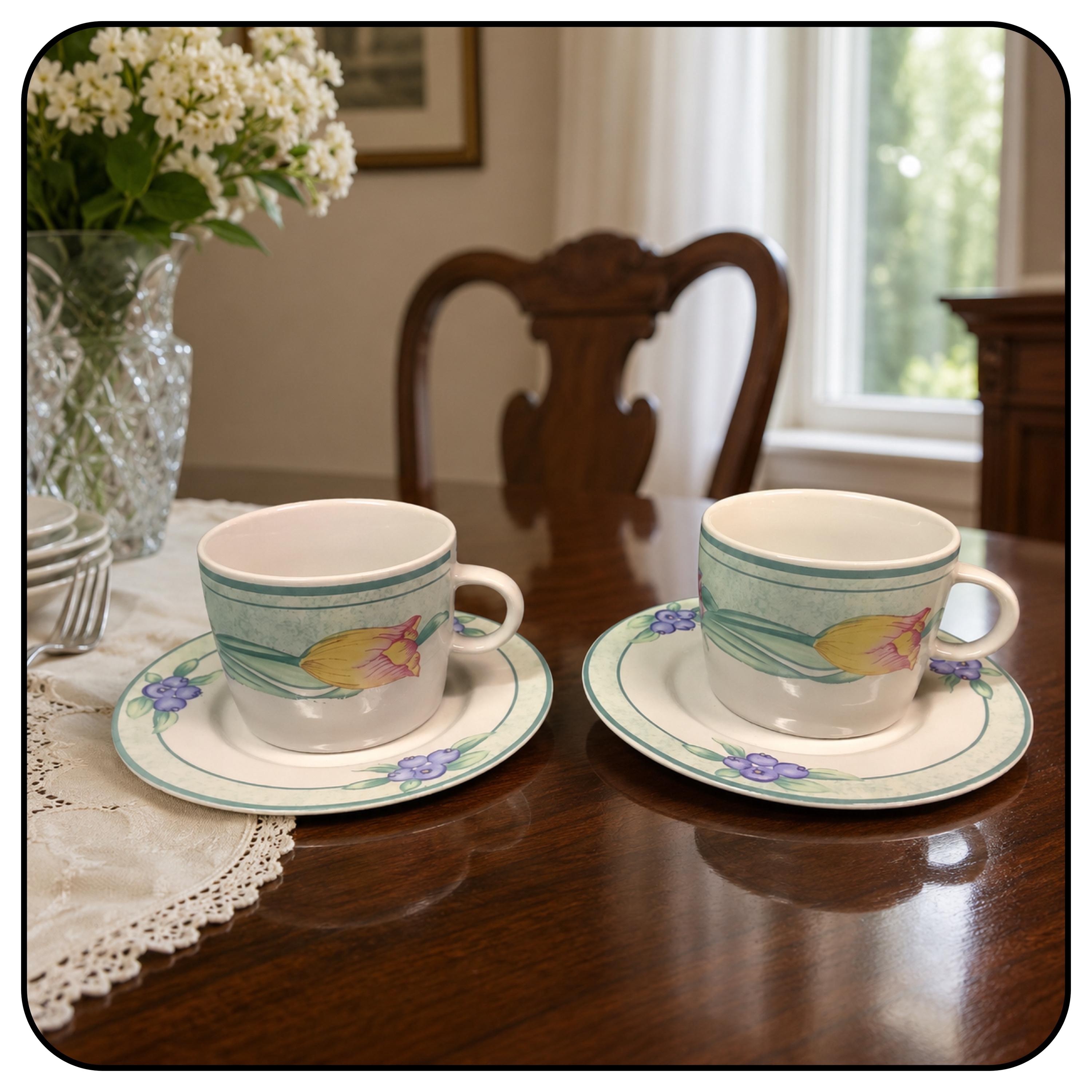 Vintage Oneida Tulip Garden Cup and Saucer Set – Set of Two – New