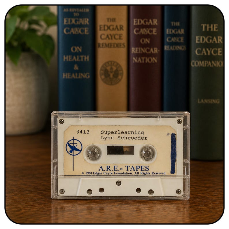 May include: A vintage white audio cassette tape in a clear plastic case. The label features the text 3413, Superlearning, Lynn Schroeder, A.R.E. TAPES, and 1981 Edgar Cayce Foundation. All Rights Reserved. A blue bird logo is on the left side.