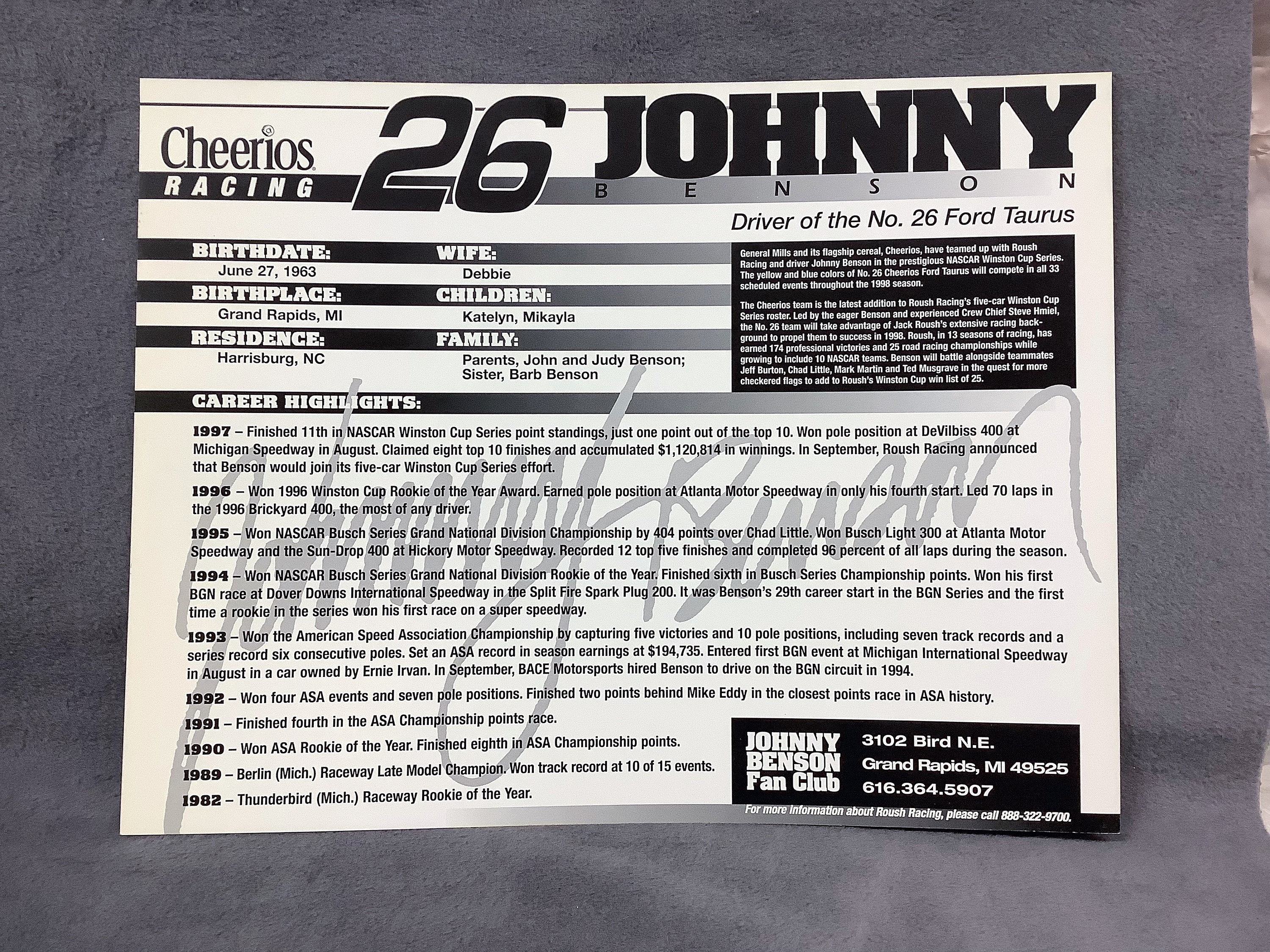 Johnny Benson Signed 1998 NASCAR Winston Cup Series #26 Cheerios