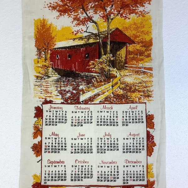 1979 Country Covered Bridge Decorative Calendar Tea Towel Kitchen Wall Decor