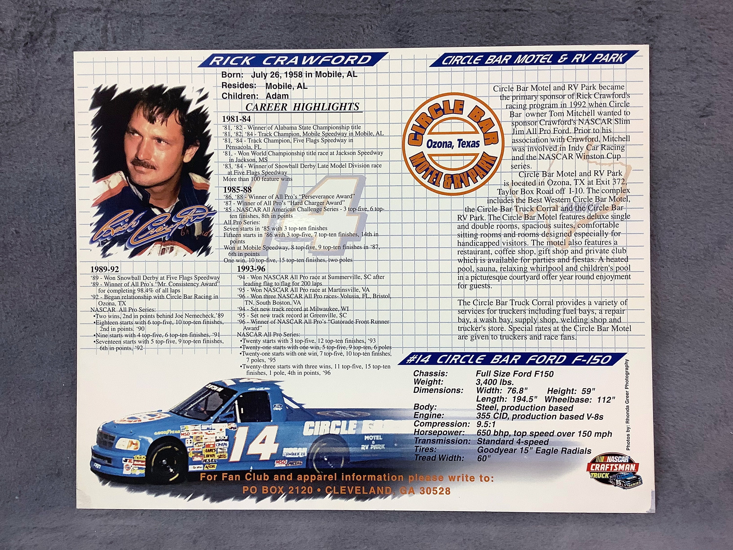 Rick Crawford Signed 1999 NASCAR Craftsman Truck Series #14 Circle