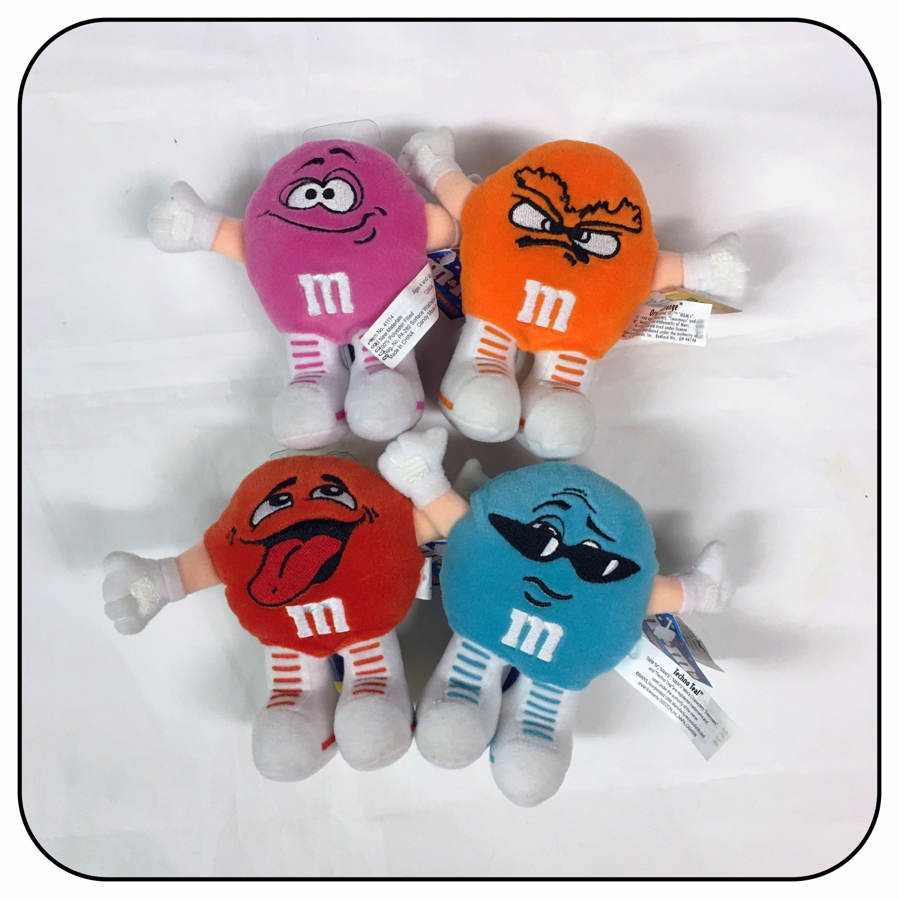 M&M's 1998 Mini Characters Swarmees with Original Hang Tags and Candy,  Four Vintage Multi Colored Candy Character Plushy, NRFP Toys