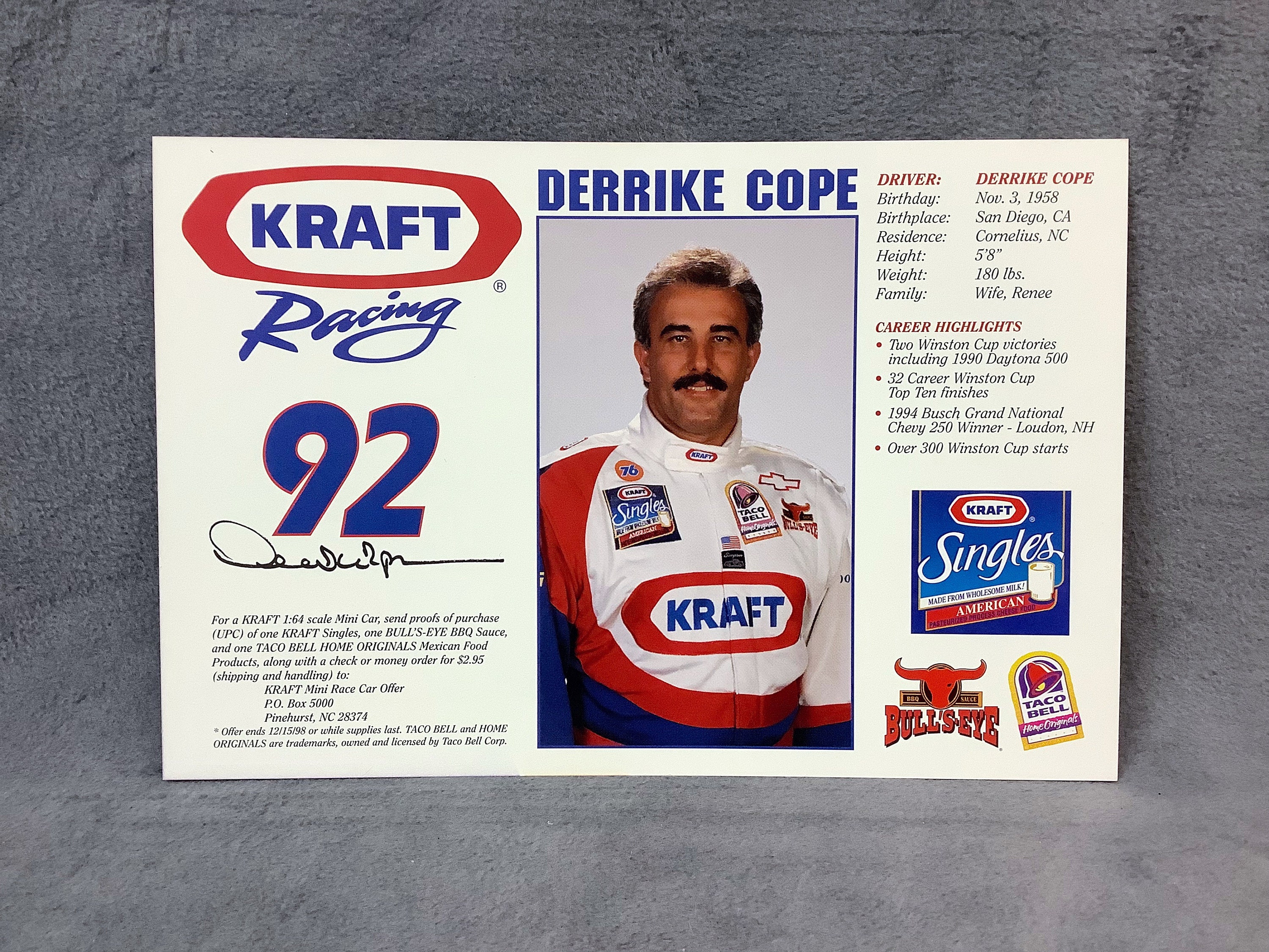 Derrike Cope Signed 1998 NASCAR Bush Grand National Series #92