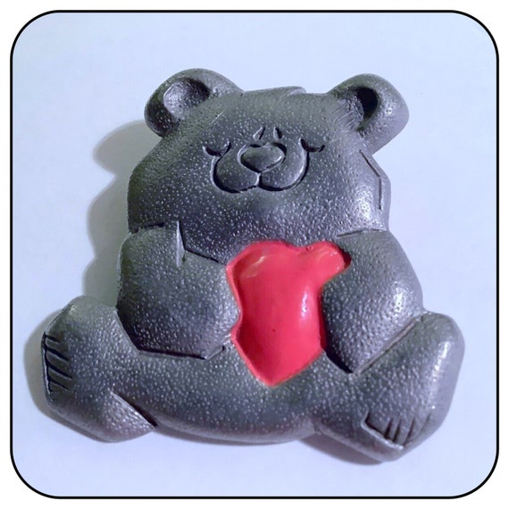 Big Vintage Pewter Teddy Bear Brooch Pin with a H… - image 1