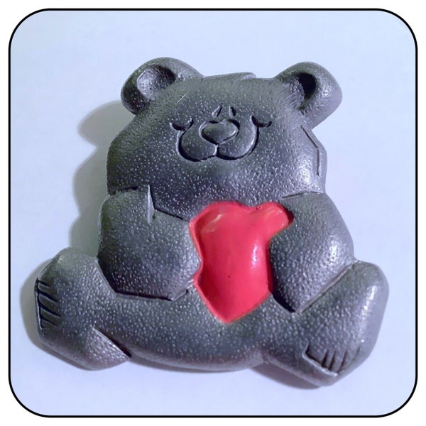 Big Vintage Pewter Teddy Bear Brooch Pin with a Heart NRFB