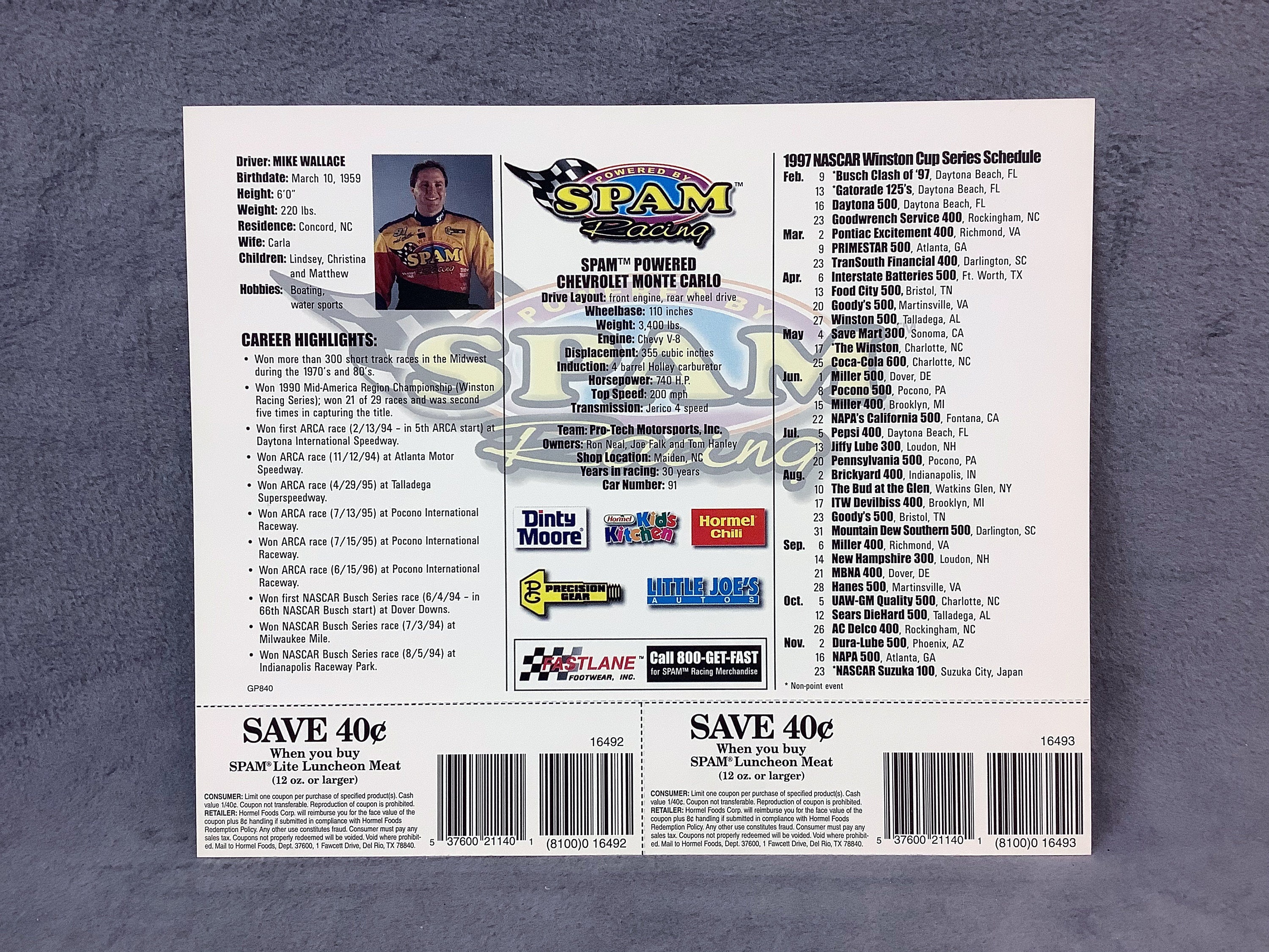 Mike Wallace Signed 1997 NASCAR Winston Cup Series #91 SPAM Racing