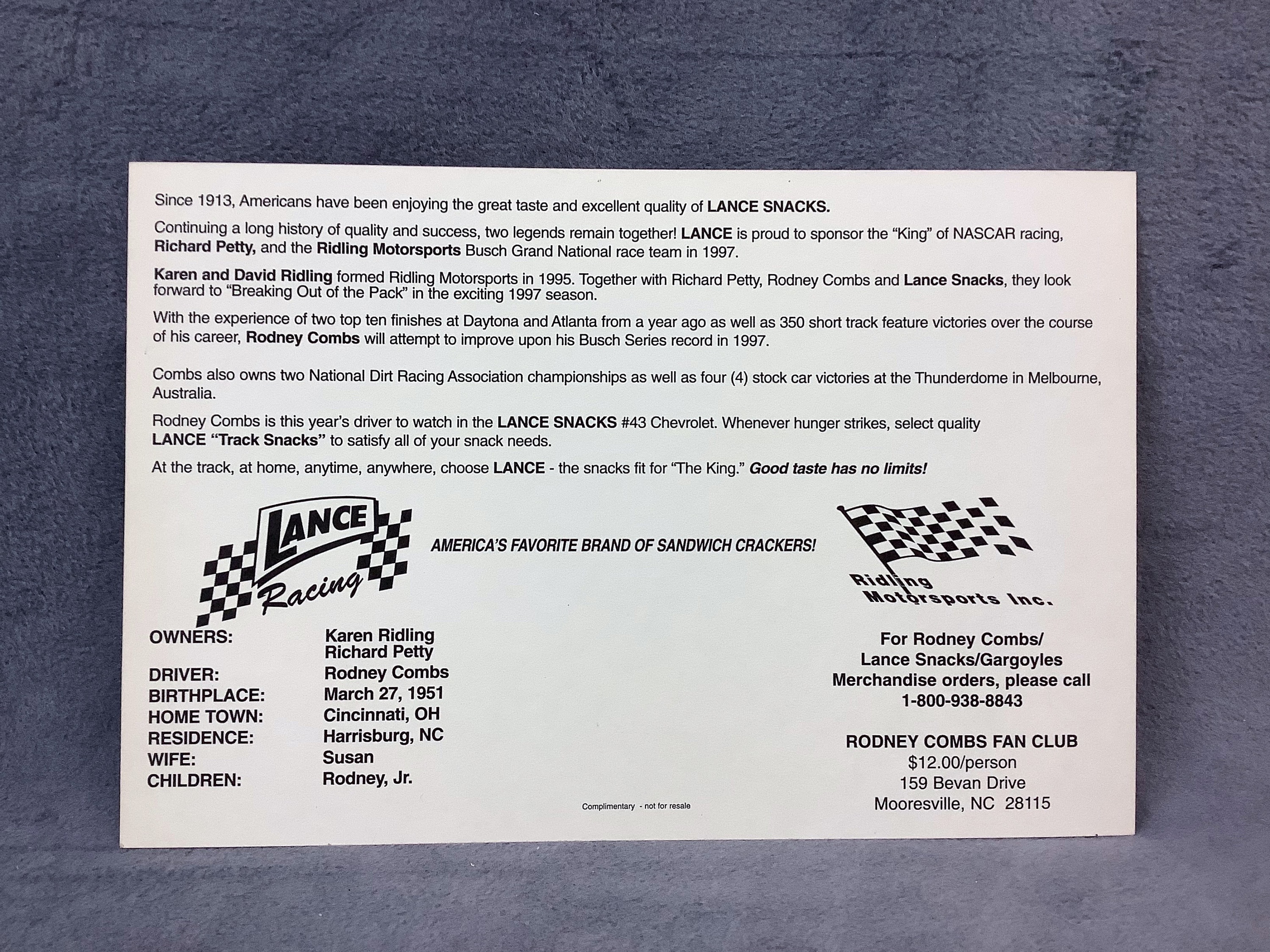 Rodney Combs Signed 1997 NASCAR Bush Grand National Series #43