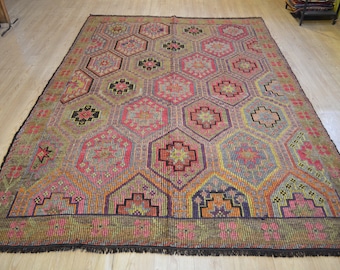 Large area kilim rug. Kilim on embroidery jijim. Turkish kilim rug. Vintage kilim. Free shipping. 9.1 x 6.2 feet.