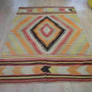 Vintage Turkish Kilim Rug: Handwoven Wool Dowry Carpet (7.1 x 4.6 ft)