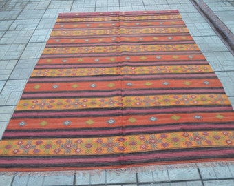 Vintage Turkish Kilim Rug: Handwoven Wool Striped Rug (9.4 x 6 ft)