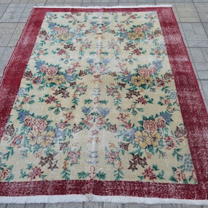 Vintage Turkish Rug: Handwoven Wool Carpet, Floral Design (6.4 x 4.9 ft)